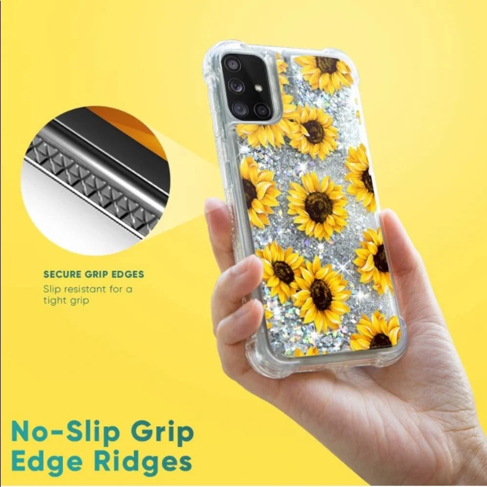 5for$10 Galaxy A71 4G, J7 2017 Bling Liquid Glitter Case Reinforced -Sunflower